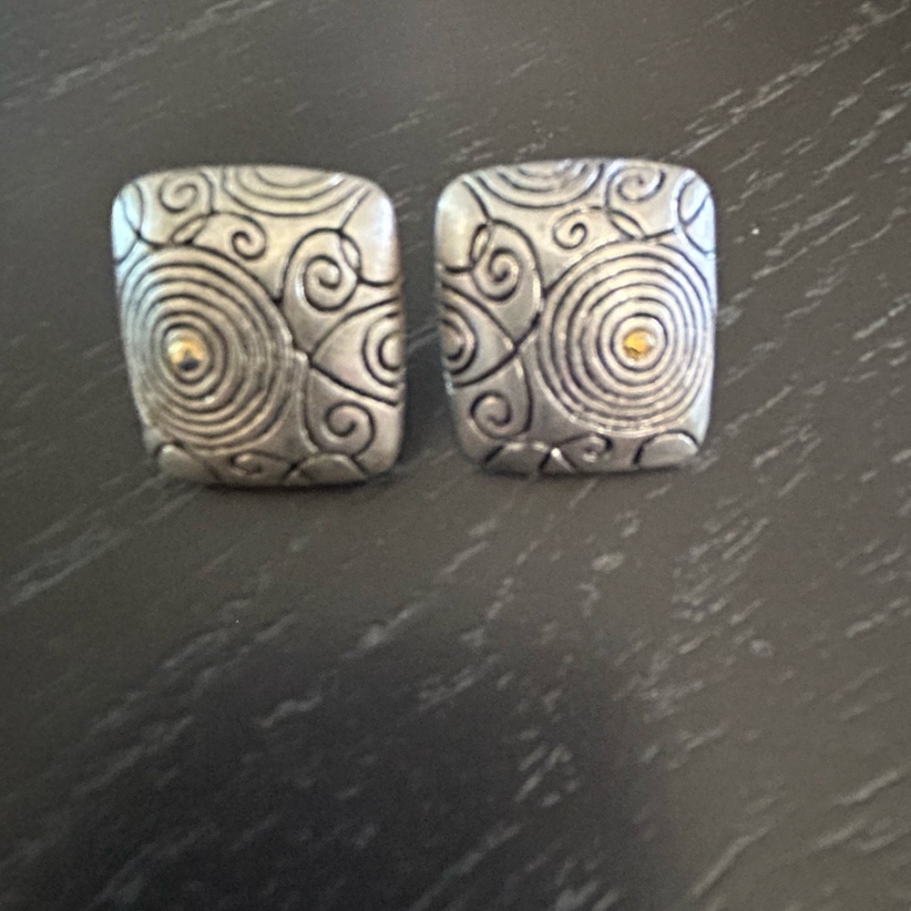 Chico’s rectangle shaped silver sculpted pierced earrings with tiny gold stone